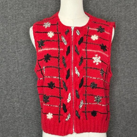 Sigrid Olsen Sport Vintage Embroidered Red Snowflake Zipper Vest Womens Medium - Picture 1 of 12